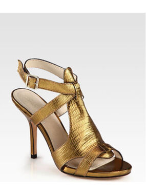 Elizabeth and James Metallic Gold Leather Strappy Heels Sandals Size 10B Spain